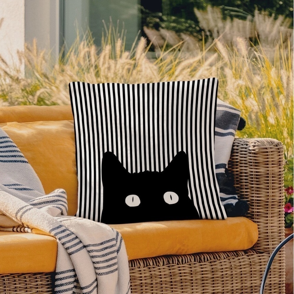 Cat Theme Pillow Cover Zippered Decorative Square Black White 17.7 in X 17.7 in - Picture 6 of 16